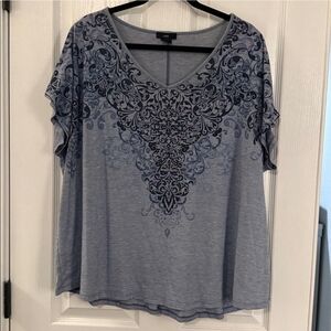 Blue Patterned Short Sleeve Top-2X